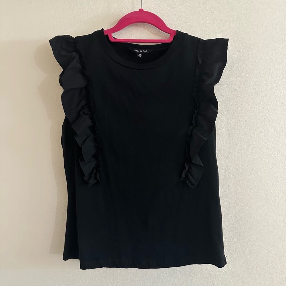 Black Poplin Ruffle Top - Picture 3 of 7